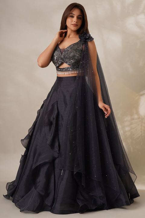 Designer Dark Grey Crop Top Frill Skirt Adorned With Flowery Dupatta For Party Wear (D21)