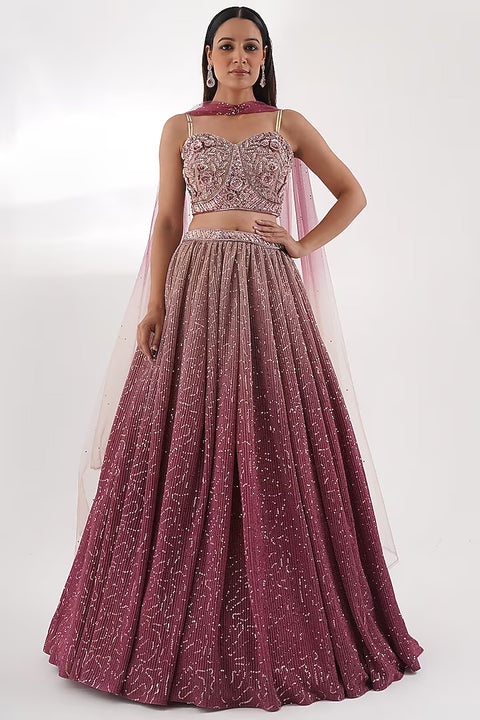 Pink Lycra Embroidery Sequin Sweetheart Ombre Pleated Lehenga Set For Women (D290)