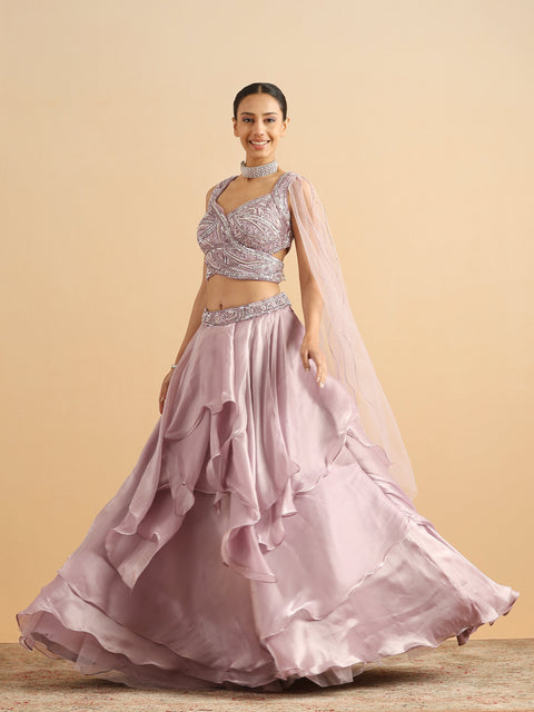 Light Purple Organza Embroidered Sequin Cutdana Embellished Blouse Lehenga Set For Women (D44)