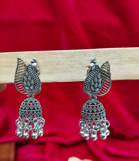 Black Metal Unique Oxidized Jhumki EarCuffs With Peacock Motif Earring (E1166)