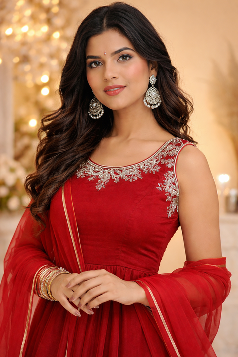Maroon And Golden Tone Viscose Rayon Floral Yoke Design Thread Work Anarkali Kurta With Trousers & Dupatta (D1475)