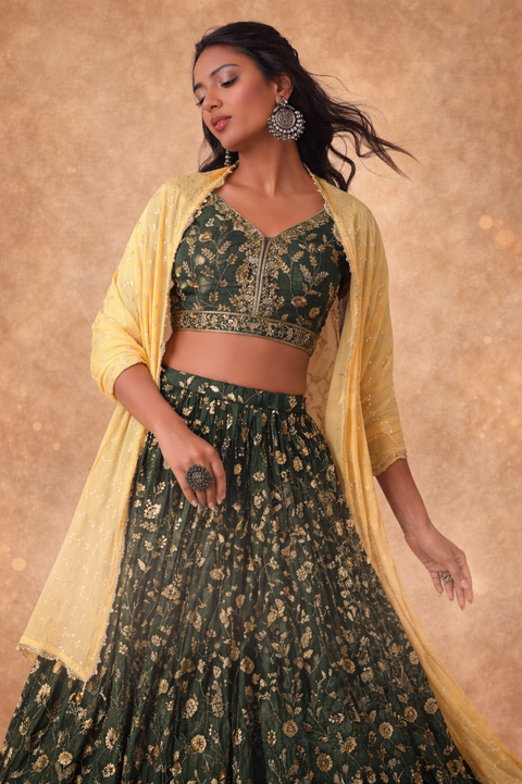 Precious Green Dori Embroidery Georgette Bridal Wear Lehenga Choli (D1014)