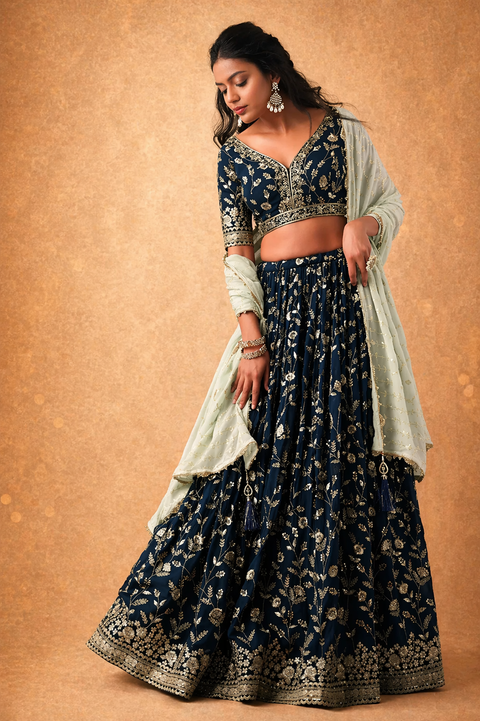 Mesmerizing Blue Zari Embroidery Georgette Wedding Wear Lehenga Choli (D1013)