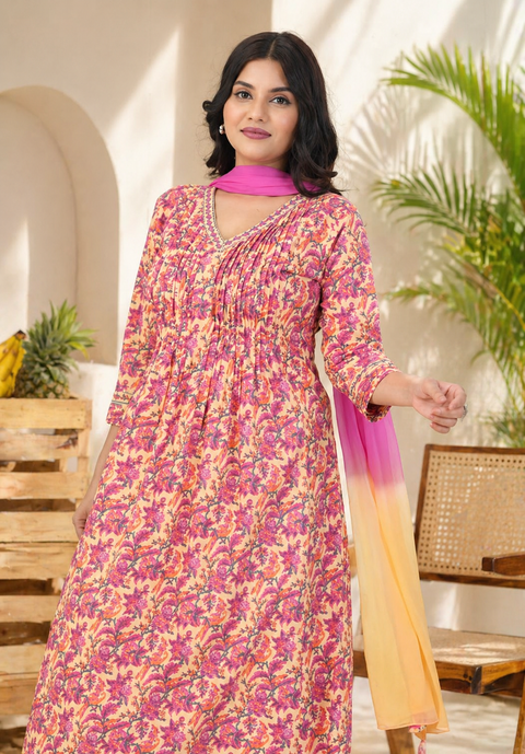 Peach And Pink Floral Printed Sequined Pure Cotton Kurta & Pant With Dupatta (D1576) (Deal)