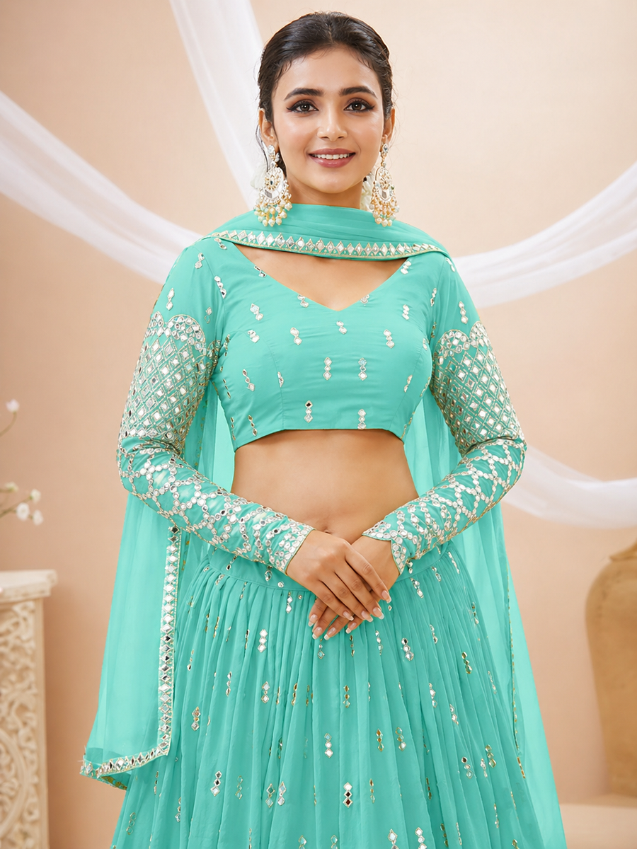 Turquoise Blue and Silver-toned Embroidered Lehenga Choli With dupatta (D758) Deal