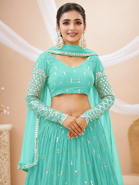 Turquoise Blue and Silver-toned Embroidered Lehenga Choli With dupatta (D758) Deal