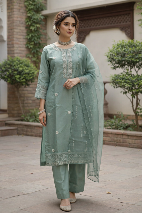 Dusky Green Colour Silk Sequins Cutdana Work Suit with Pant and Dupatta For Party Wear (D1820)