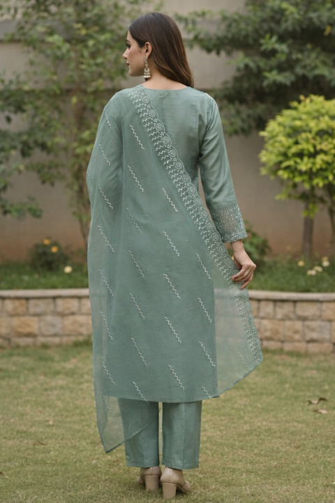 Dusky Green Colour Silk Sequins Cutdana Work Suit with Pant and Dupatta For Party Wear (D1820)