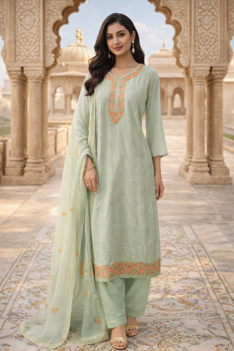 Light Green Colour Suit Pant & Dupatta Set With Embroidery Work (D1799)