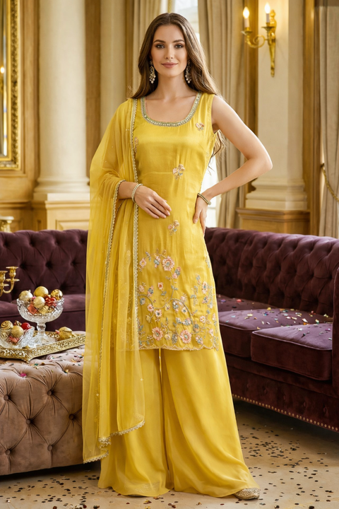 Yellow Colour Chinon Silk Sequins Cutdana Work Embroidery Suit & Palazzo With Dupatta (D1866)