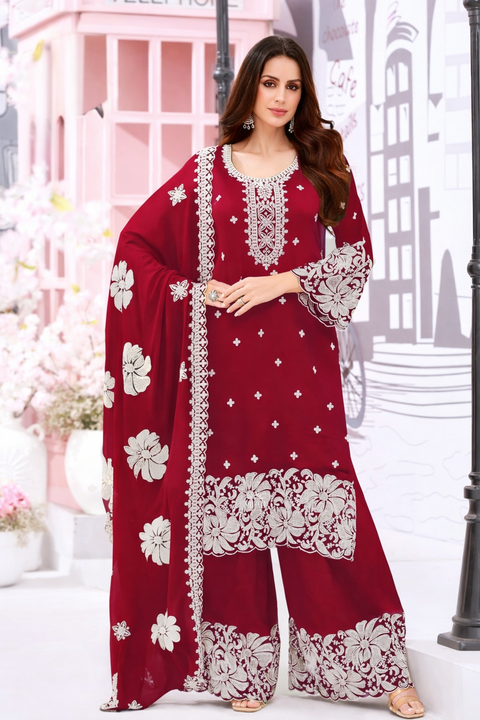 Magenta Colour Georgette sequins & Thread Work Embroidery Suit & Palazzo With Dupatta (D1869)