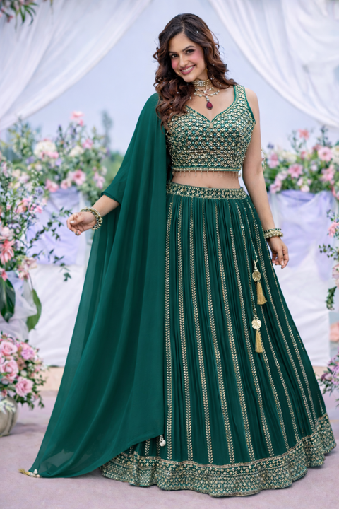 Green -Georgette Fabric Sequins Embroidery Lehenga & Blouse With Dupatta (D969)