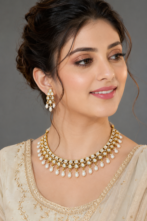 Designer Gold Plated Royal Kundan White Colour Necklace with Earrings (D902-W)