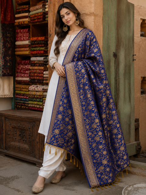 Designer Navy Blue Golden Zari Work Brocade Silk Dupatta with Graceful Drape (D345)