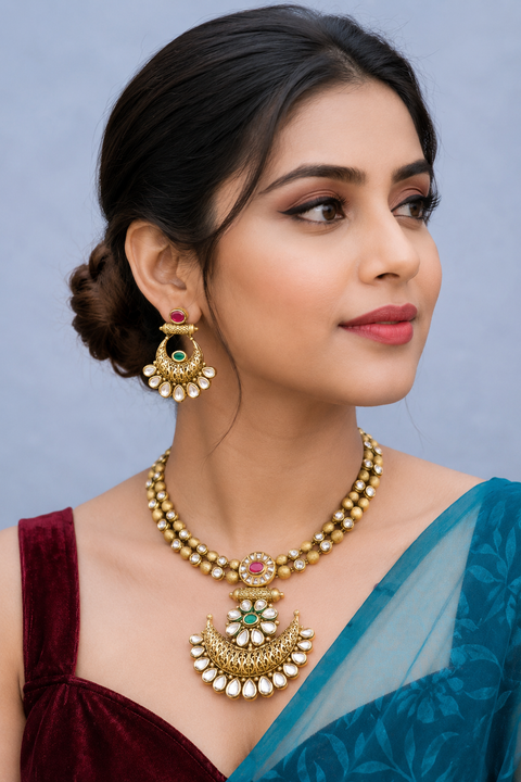 Gold Plated Designer Kundan Red & Green Color Necklace Set With Earrings (D951-RG)