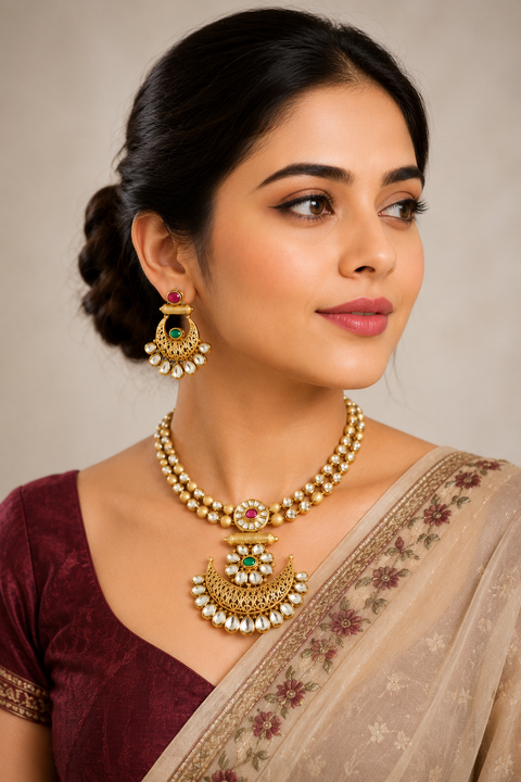 Gold Plated Designer Kundan Red Color Necklace Set With Earrings (D951-R)