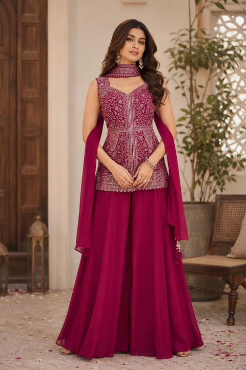 Dark Magenta Embroidered Georgette Peplum Style Palazzo Suit With Dupatta (D2087)