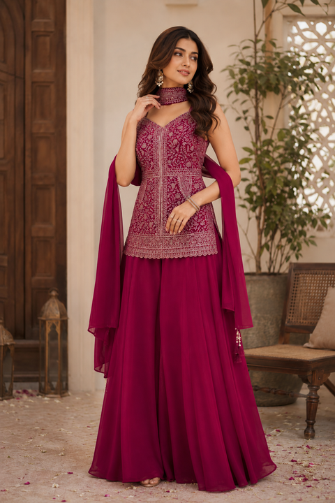 Dark Magenta Embroidered Georgette Peplum Style Palazzo Suit With Dupatta (D2087)