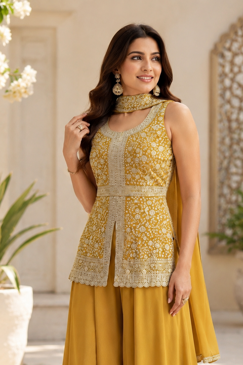 Mustard Yellow Embroidered Georgette Peplum Style Palazzo Suit With Dupatta (D2109)