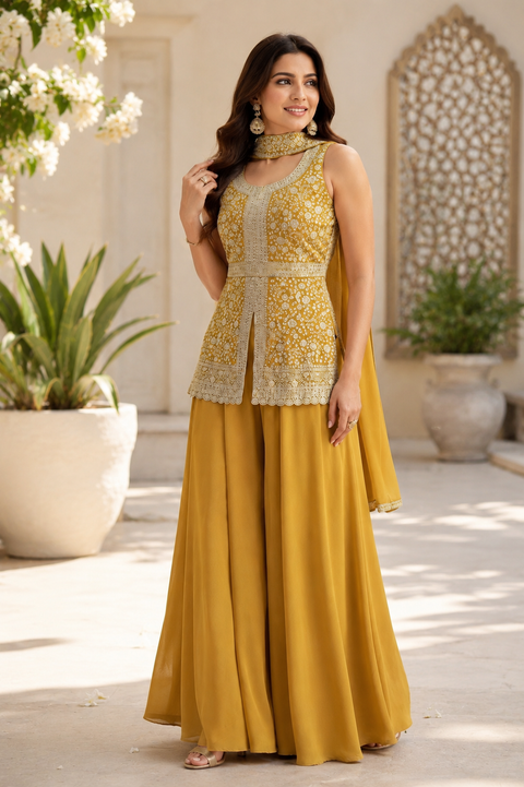 Mustard Yellow Embroidered Georgette Peplum Style Palazzo Suit With Dupatta (D2109)