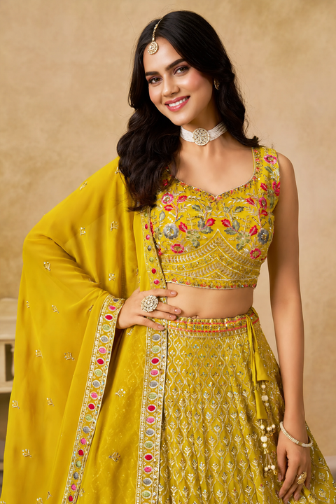 Incredible Yellow Embroidered Georgette Haldi Wear Lehenga Choli With Dupatta (D1027)