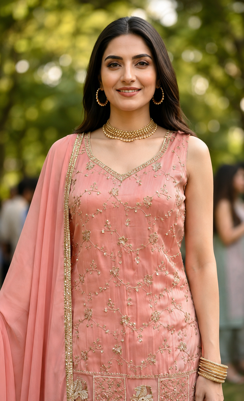 Peach Simmer Tissue Floret Embroidered Kurta Palazzo Set With Dupatta (D2115)