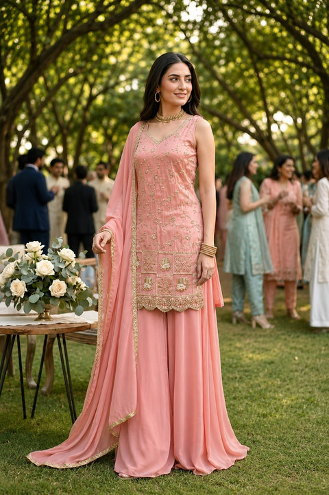 Peach Simmer Tissue Floret Embroidered Kurta Palazzo Set With Dupatta (D2115)