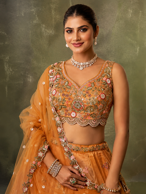 Orange-Tissue Fabric Sequins embroidery Lehenga Blouse With Dupatta (D897)