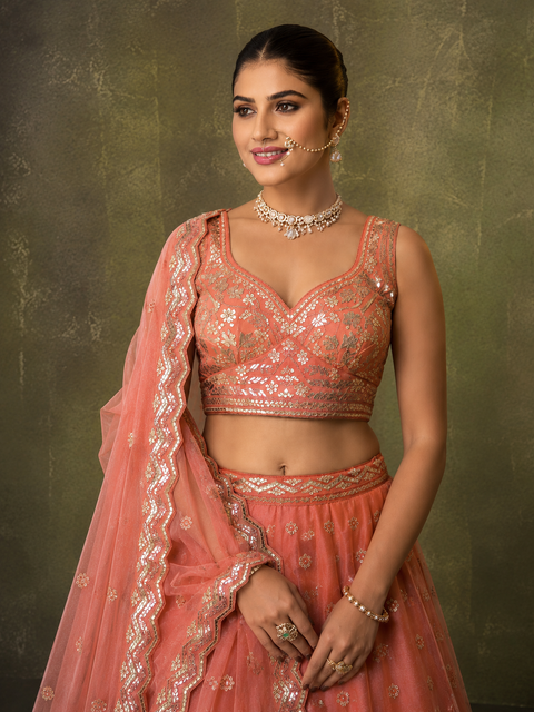 Orange Organza Fabric Sequins Thread & Embroidery Lehenga & Blouse With Dupatta (D950)