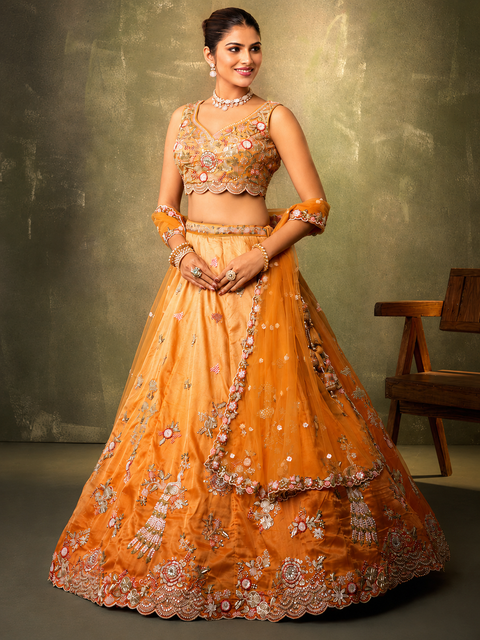 Orange-Tissue Fabric Sequins embroidery Lehenga Blouse With Dupatta (D897)