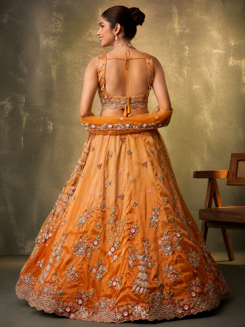 Orange-Tissue Fabric Sequins embroidery Lehenga Blouse With Dupatta (D897)