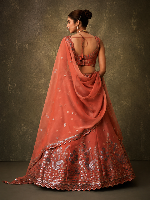 Orange Organza Fabric Sequins Thread & Embroidery Lehenga & Blouse With Dupatta (D950)