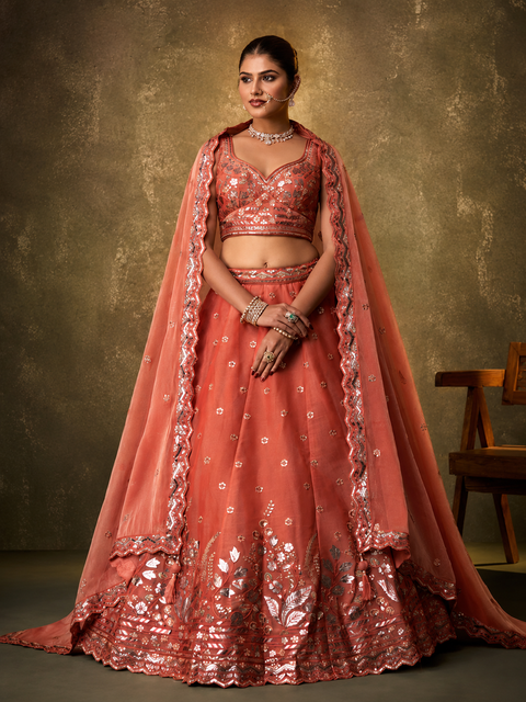 Orange Organza Fabric Sequins Thread & Embroidery Lehenga & Blouse With Dupatta (D950)