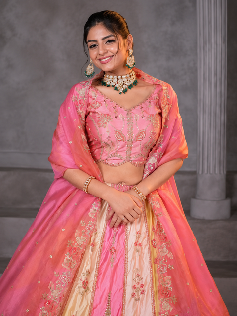 Pretty Pink Silk Intricate Paisley Motifs Traditional Embroidered Wedding Lehenga (D695)