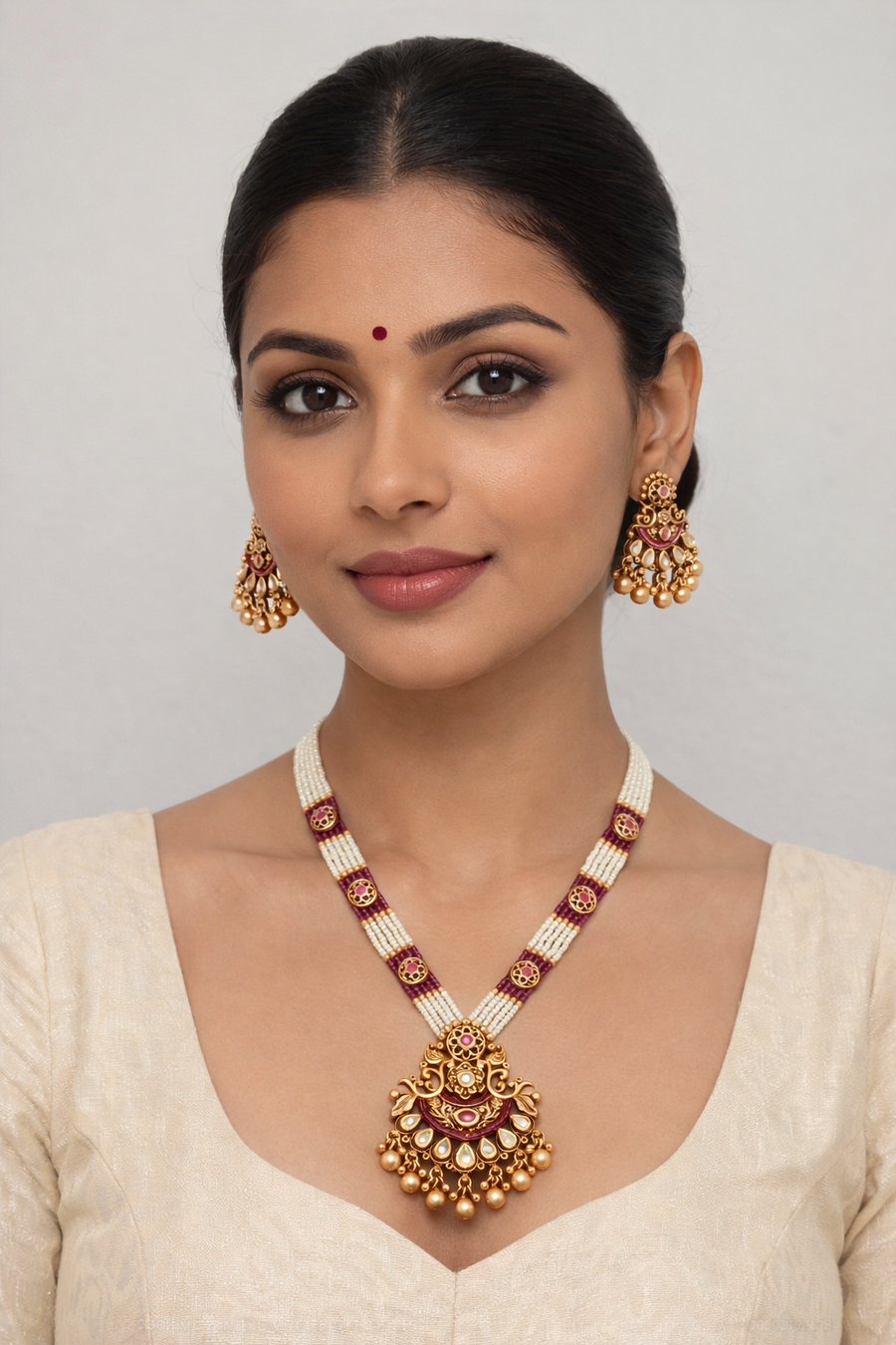 Designer Gold Plated Royal Kundan Red Necklace With Earrings (D1326)