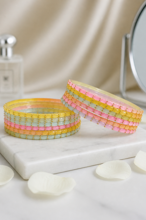 Sky Blue & Multi Color Set Of 12 Diamond Beaded Candy Glass Bangles (D118)