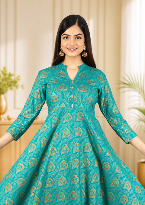Women Teal Green Kalamkari, Printed, Embellished Viscose Rayon Anarkali Kurta (D1582-TG)