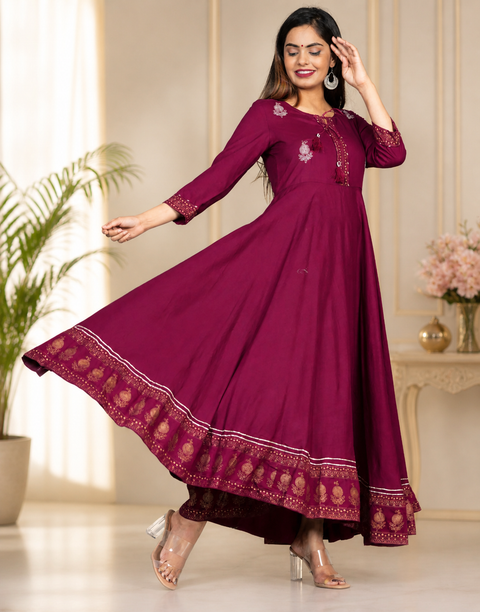 Women's Rayon Wine Anarkali Flared Kurta For Casual & Party Wear (D1470-W)