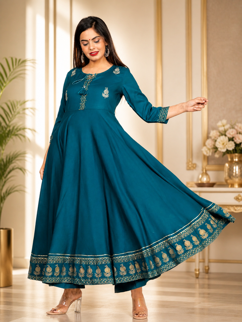 Women's Rayon Rama Green Anarkali Flared Kurta For Casual & Party Wear (D1470-RG)