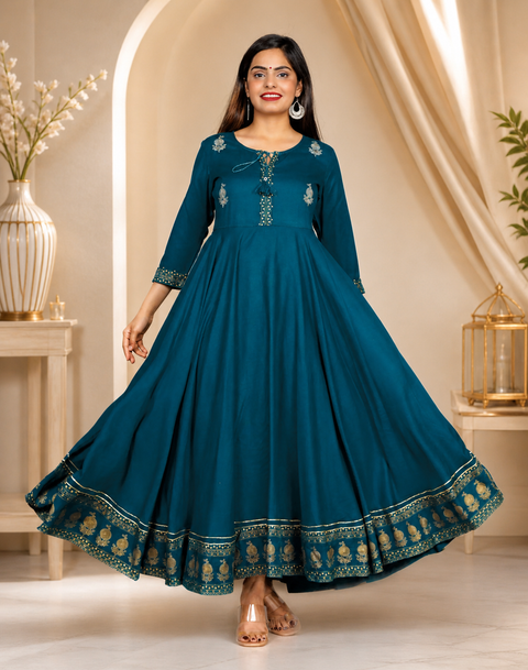 Women's Rayon Rama Green Anarkali Flared Kurta For Casual & Party Wear (D1470-RG)