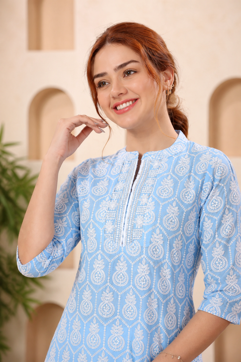 Joy In Turquoise Pure Cotton Chikankari Long Kurti for Women (D1723)