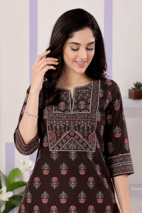 Brown Colour Cotton Print Round Neck Short Tunic Top (D1388)