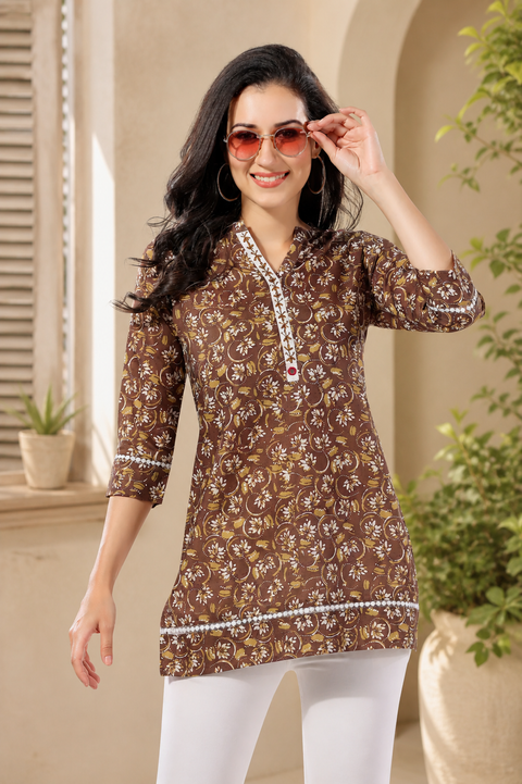 Olive Cotton Printed Tunic with Laces and Thread Work (D1762)
