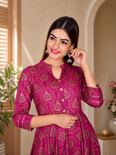 Women Magenta Kalamkari, Printed, Embellished Viscose Rayon Anarkali Kurta (D1582)