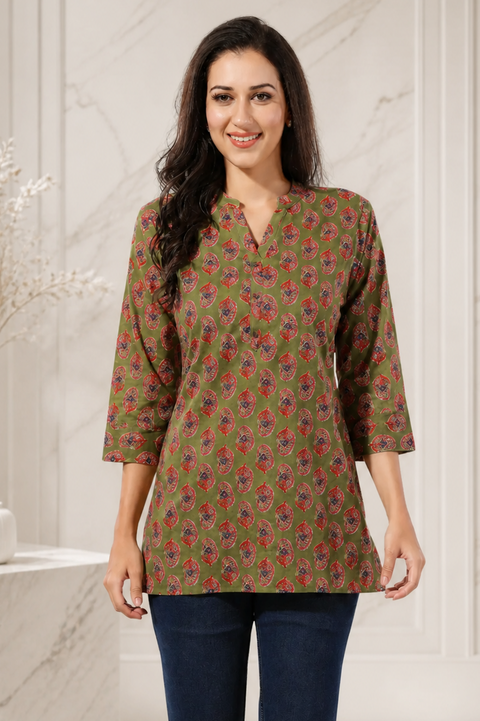 Mehndi Green Cotton Printed Short Tunic Top Stylish Kurtis for Women (D1256)
