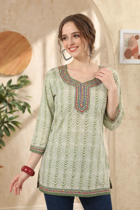 Pista Green Jaipuri Cotton Zig Zag Print Round Neck Short Tunic Top (D1412)