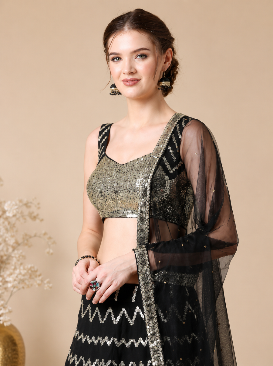 Black Colored Faux Georgette Embroidery Work Lehenga Choli (D448) - Deal