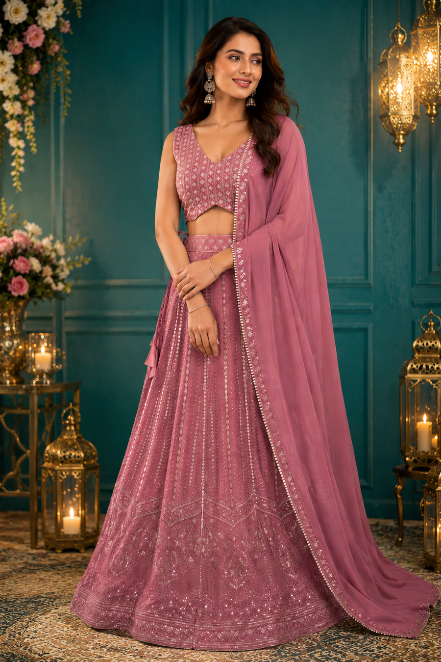 Dusky Pink Georgette Sequins Work Lehenga Choli (D1031)