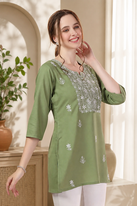 Elegant Rayon Pista Green Chikankari Kurti Tunic (D1726)
