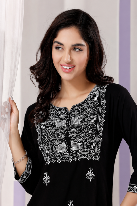 Modern Black Short Kurti with Beautiful Chikankari Embroidery (D1727)